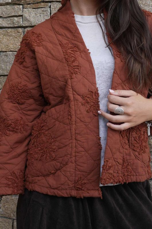 Cabbage Rose Cotton Quilted Jacket Rust